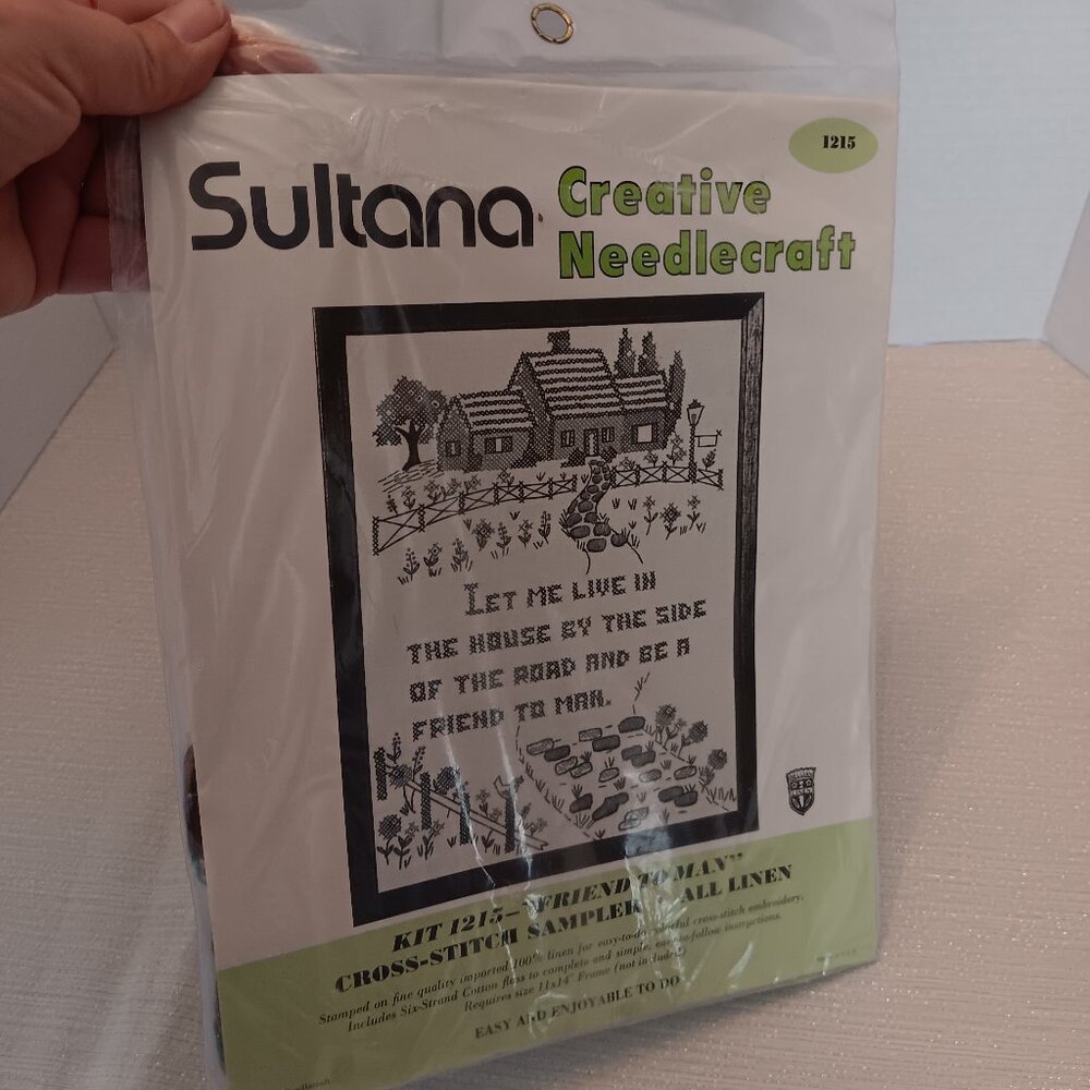 Vintage Sultana Needlecraft cross stitch sampler kit linen farmhouse cottage